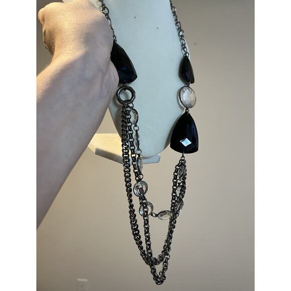VTG Gunmetal Black & Clear Bezel Acrylic Bead Drop Chain Scoop Necklace 30” - Picture 2 of 4